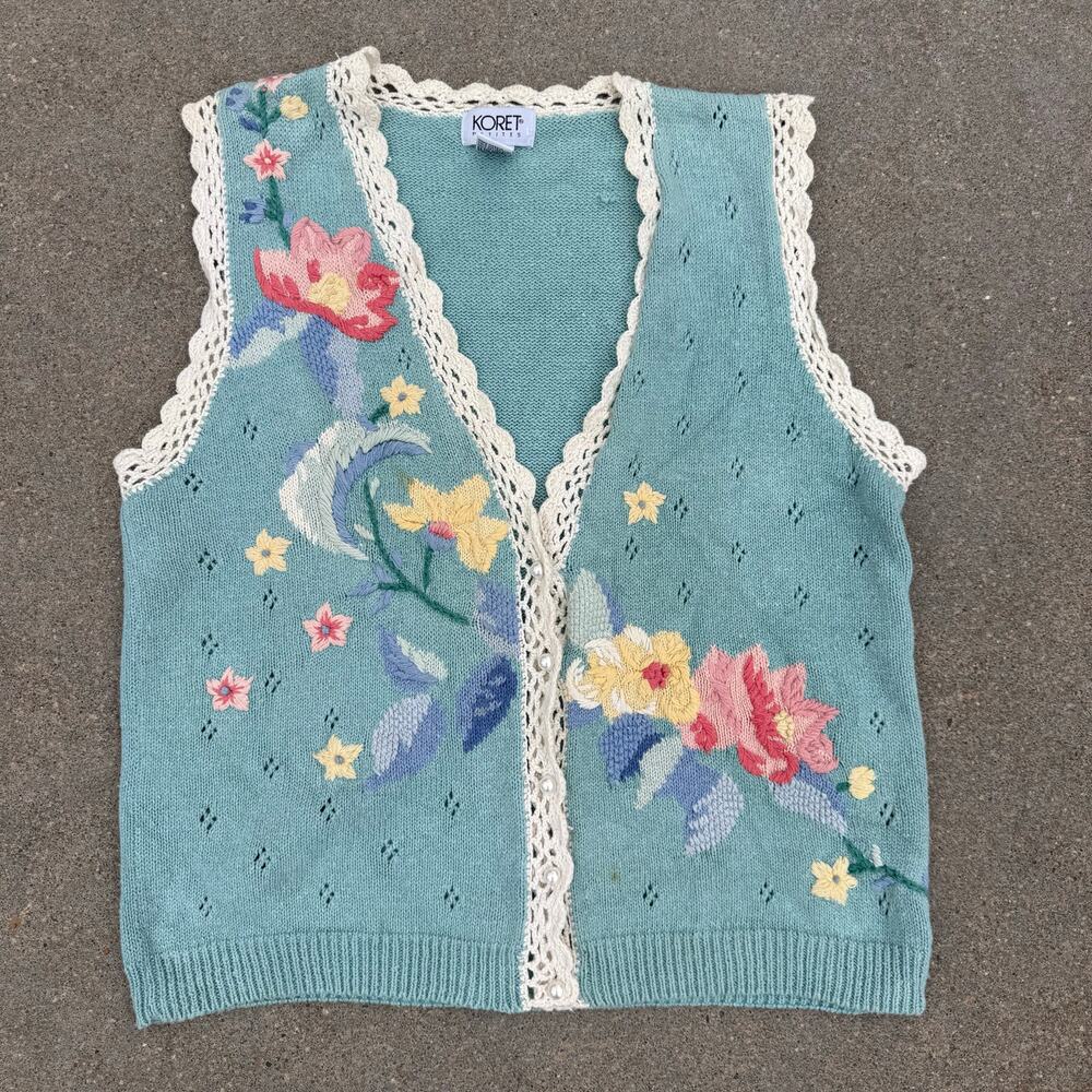 VTG 90s Koret Cottagecore Boho Grannycore Floral Embroidered Sweater Vest SMALL